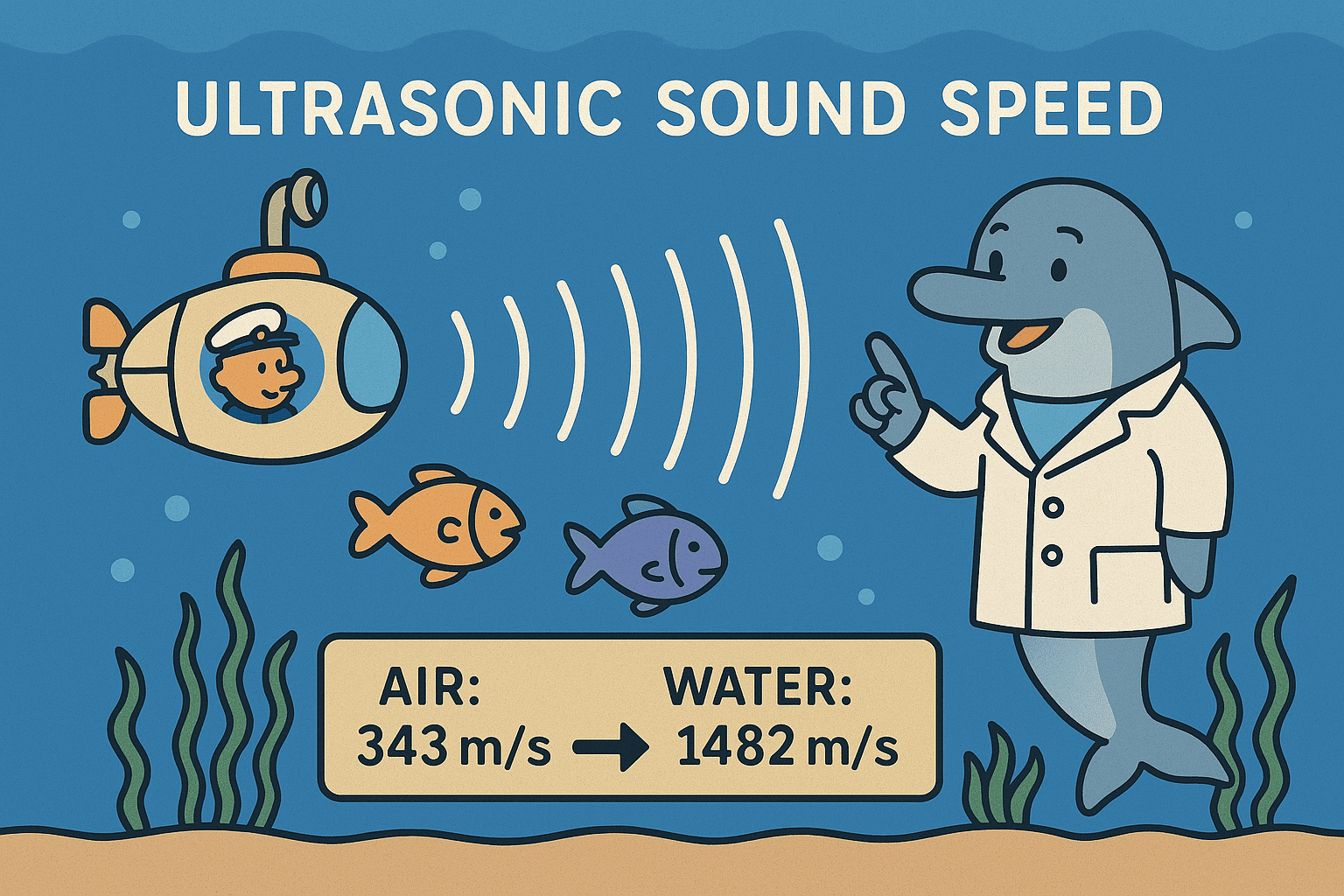 Illustration animation of ultrasonic sound speed showing a submarine emitting a signal near a dolphin wearing a lab coat who shares that ultrasonic sound travels faster in water than in air.
