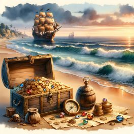 Treasure on the beach with a ship sailing along the shoreline