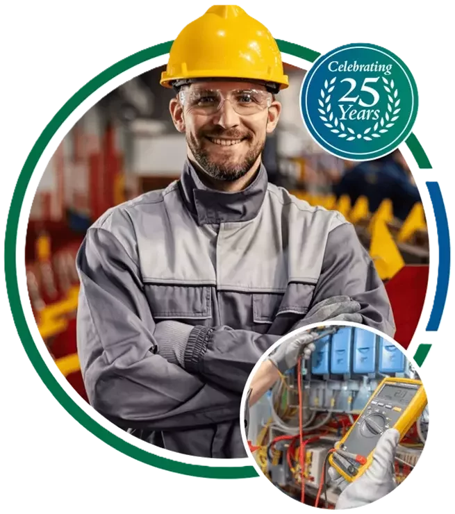 Clipper Controls service and installation engineer wearing a hard hat and using a multimeter instrument to test control boards
