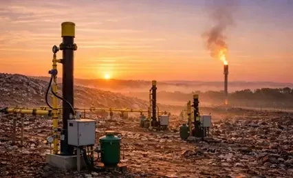 Excavated dump area at a landfill facility with heavy equipment driving on compacted waste, managing material placement and site operations under active landfill conditions.