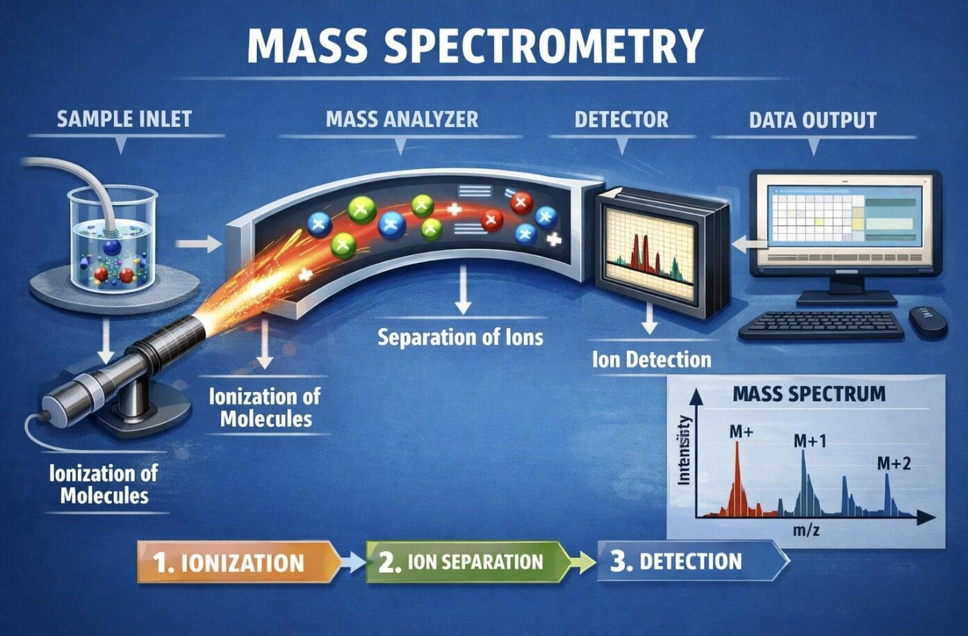 Diagram showing how mass spectrometry works for non-targeted water analysis, including sample inlet, ionization, mass separation, detection, and mass spectrum data output used to identify chemical compounds.