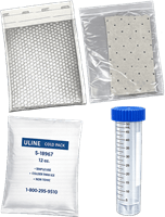 Polyfluoroalkyl Substances (PFAS) Test Kit containing a liquid sample tube, cold pack, resealable bag, absorbent material, and insulated mailer