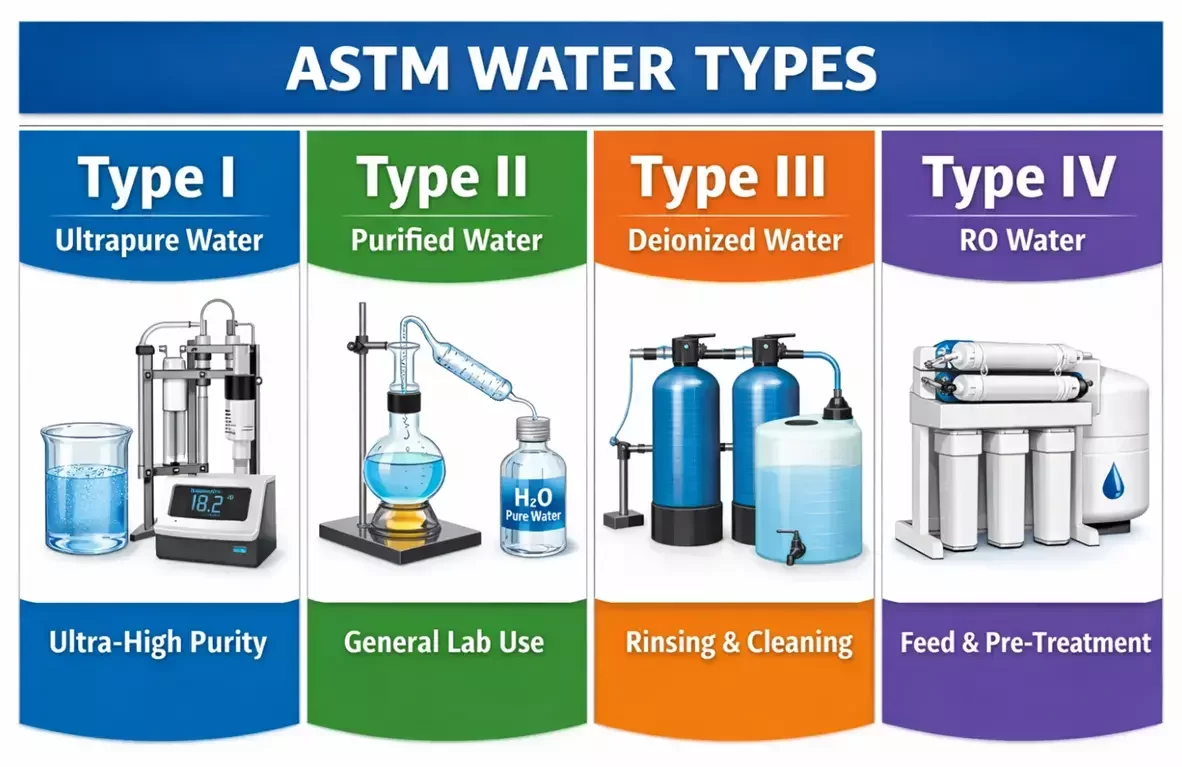 Illustration of ASTM water types. Type 1 water, type 2 water, type 3 water, and type 4 water.