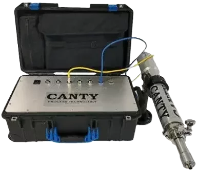 CANTY Portable InFlow dynamic imaging analyzer in a rugged case with inline flow cell and cabling