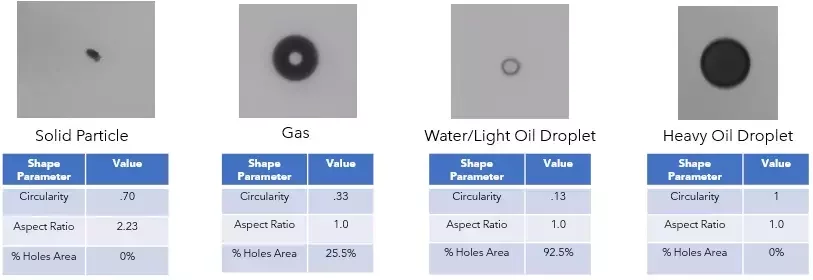 Comparison of solid particle, gas bubble, water or light oil droplet, and heavy oil droplet with corresponding shape parameters