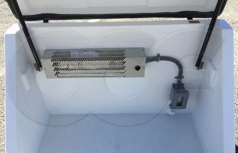 An equipment enclosure with gas springs and a heater built in