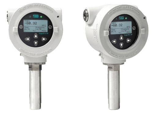 Front and angled side views of the Panametrics HygroPro XP inline moisture analyzer, showing its rugged metallic housing and digital display interface with control buttons.