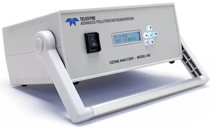 Teledyne API 430 portable UV absorption ozone monitor with angled bench stand and LCD display.