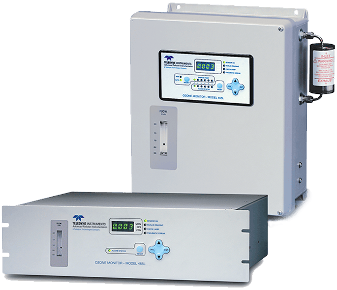 Teledyne API 465L UV photometric ozone monitor shown in wall-mount enclosure and rack-mount configurations.