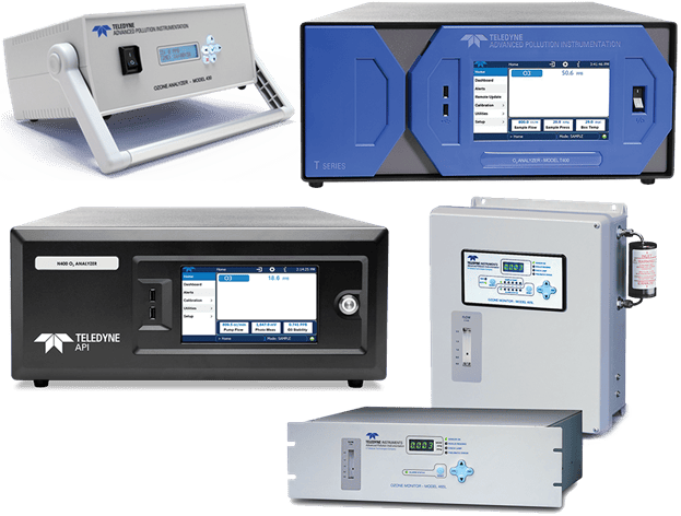 Product lineup image of Teledyne API UV absorption ozone analyzers: Models 430, 465L, N400, and T400.