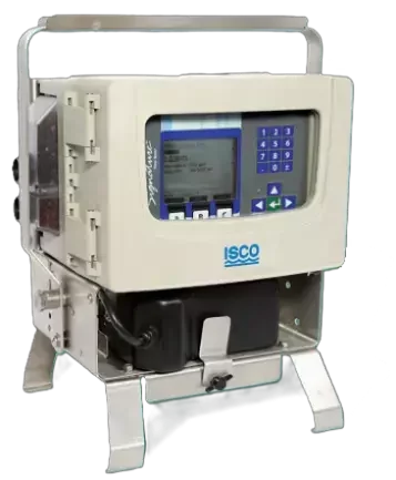 Portable Teledyne ISCO Signature sewer flow meter in a stainless field enclosure with integrated battery pack.