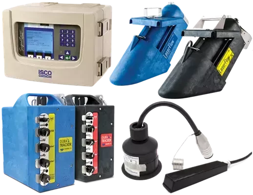 Teledyne ISCO Signature and DuraTracker sewer flow meters with LaserFlow non-contact and submerged area-velocity sensors for open-channel wastewater monitoring.