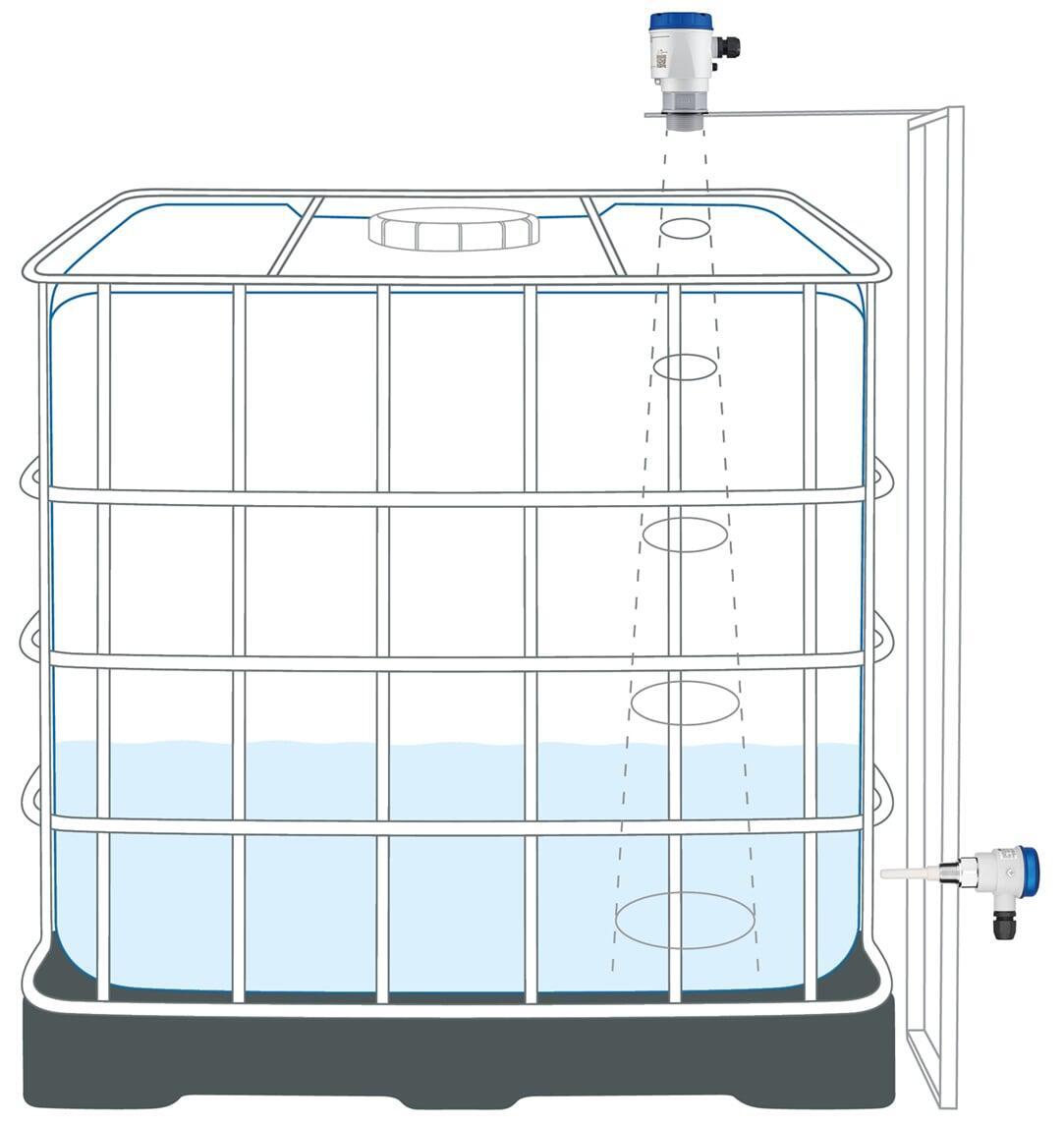 Illustration of an IBC container with radar sensors measuring liquid level from outside the tank, showing non-contact monitoring through the container wall and from the top.