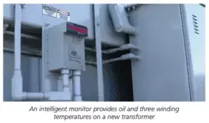 Electronic temperature monitor mounted on a new oil-filled transformer, displaying oil temperature and three winding temperature readings.