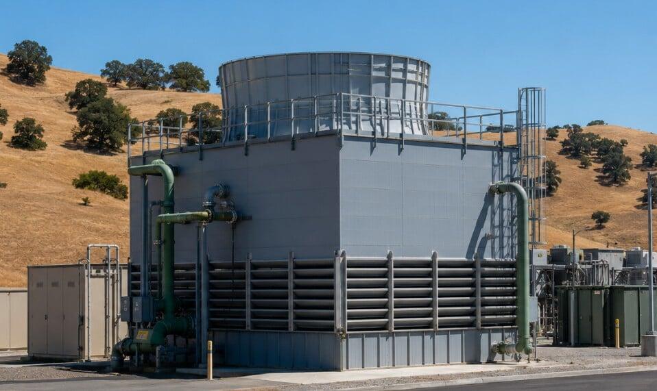 Industrial cooling tower system at a small power facility with cooling tower fan motor equipment
