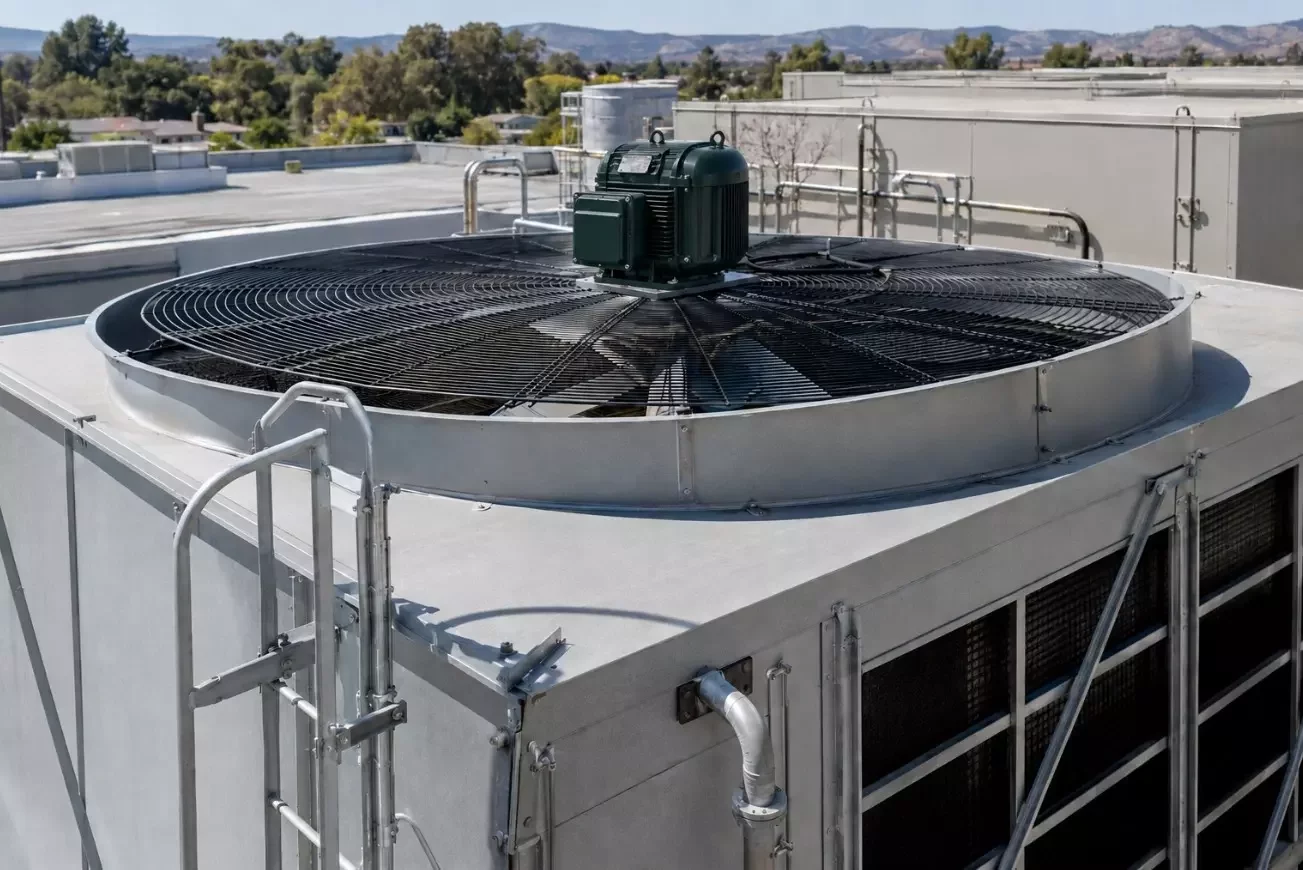 HVAC cooling tower fan motor mounted on rooftop cooling tower