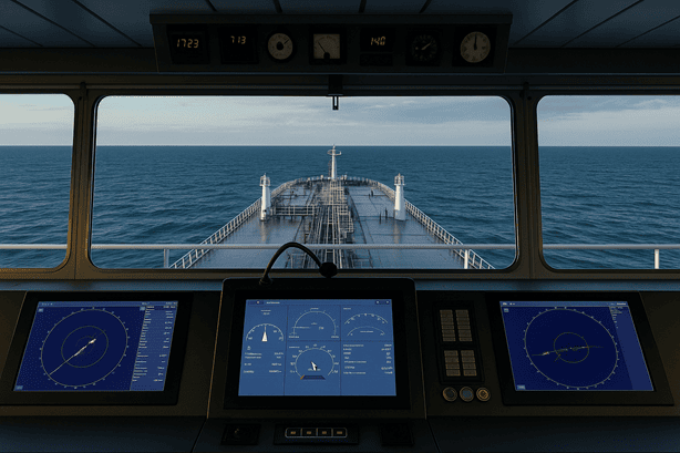 A ship control room showing a view of the ocean and the control displays exhibiting the instrumentation data