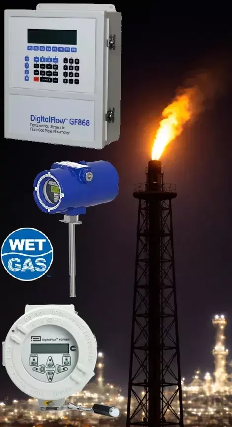 Ultrasonic flare gas meter system with transmitter, probe assembly, and wall-mount control unit, shown with a “wet gas” badge
