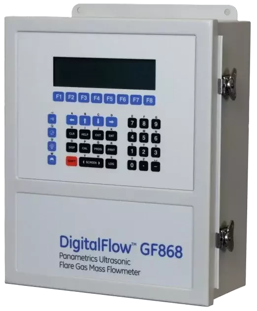 Panametrics DigitalFlow GF868 wall-mounted ultrasonic flare gas mass flow meter.