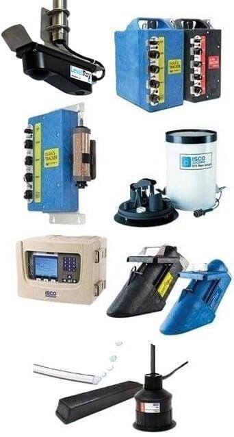 Collage of sewer overflow monitoring equipment on a white background, including blue and gray ISCO control modules, a flow meter display, level and velocity sensors, a bubbler module, a sampler container, and related probe accessories.