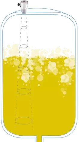 Illustration of UWT radar level transmitter measuring acid tank level through foam and vapor space