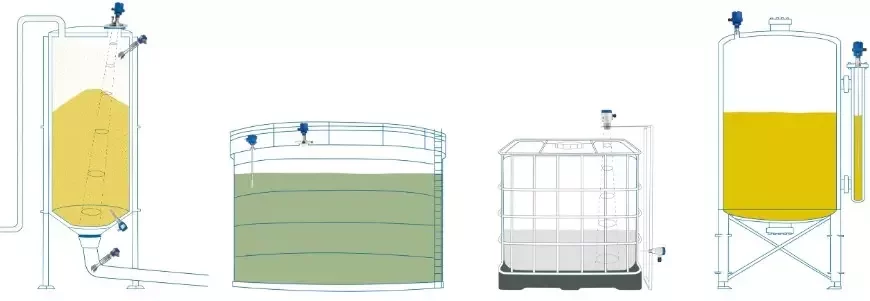 Illustration of point level switches on different tank types showing single-point and multi-point level control at various setpoints.