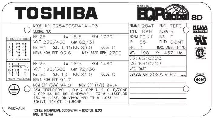 Toshiba severe duty motor nameplate showing NEMA Premium efficiency and industrial specifications