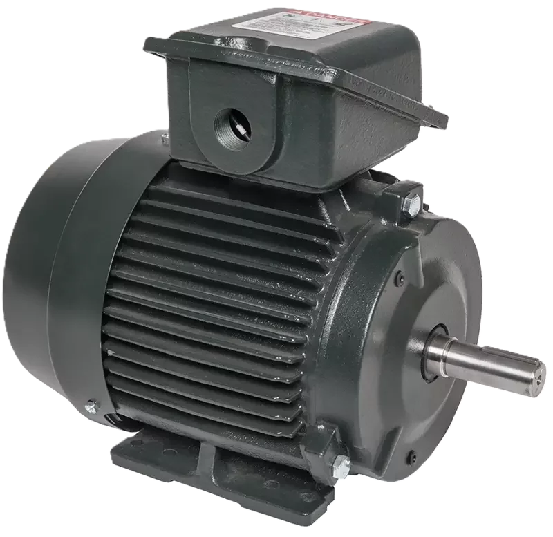Side view of TEFC motor showing cooling fins, terminal box, and enclosed fan cooled design