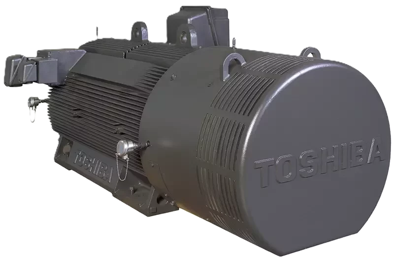 Toshiba TEFC motor showing rear external fan cover, ribbed enclosed frame, and severe duty motor housing