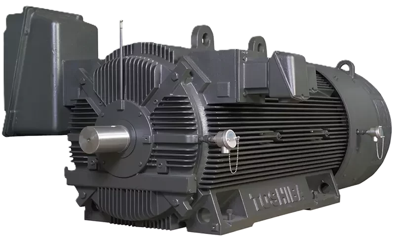 Toshiba severe duty TEFC motor showing totally enclosed frame, ribbed housing, external fan cover, and terminal boxes