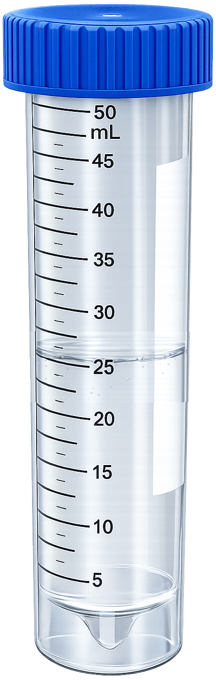 50 milliliter (mL) liquid sample test tube filled with water to the 25mL level indicating mark