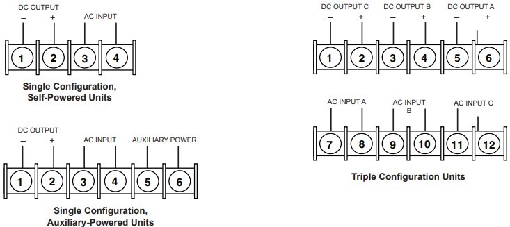 Diagram showing Moore Industries PAC AC current transducer connection terminal designations