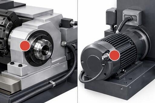 Split-view CNC lathe showing red markers for ideal vibration sensor mounting points on the spindle housing and the drive motor housing.