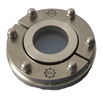 Stainless steel aseptic NA-Connect fused-glass sight window with bolted assembly for sanitary process monitoring applications