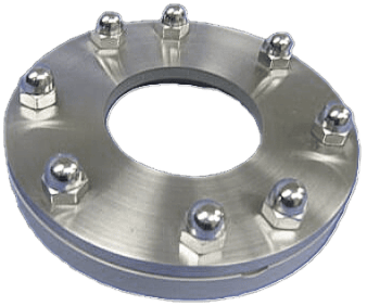 Stainless steel aseptic NA-Connect one-piece fused-glass sight window with bolted design for sanitary process monitoring.