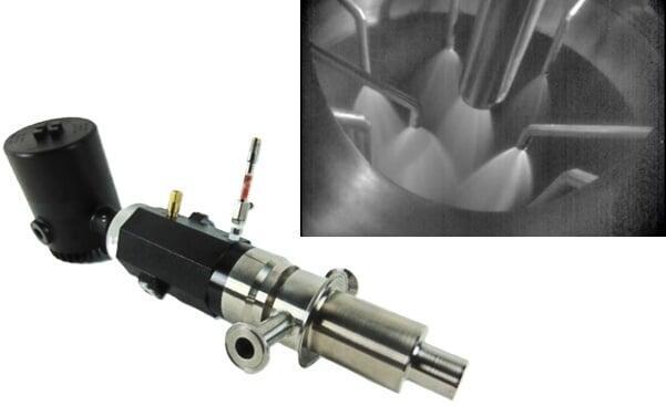 Industrial process monitoring camera viewing spray nozzles inside a spray dryer for real-time process control.