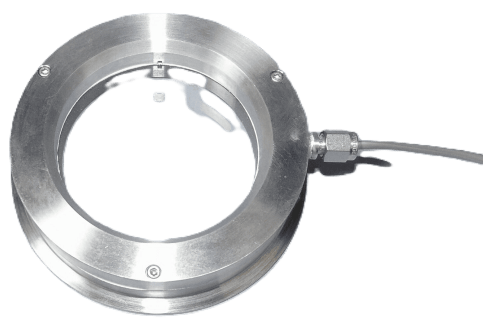 Industrial jet spray ring used to maintain fused-glass sight window visibility in process monitoring applications.