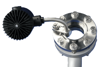 High-intensity process light mounted on a bolted sight glass assembly for clear visual monitoring in industrial applications.