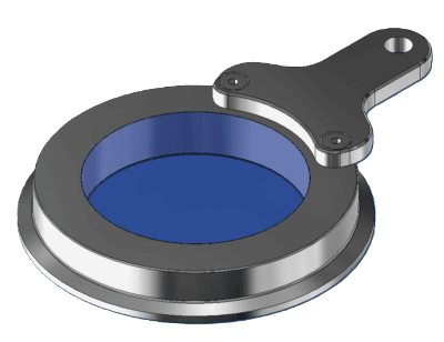 Stainless steel Tri-Clamp fused-glass sight window with handle for quick access and hygienic process observation.