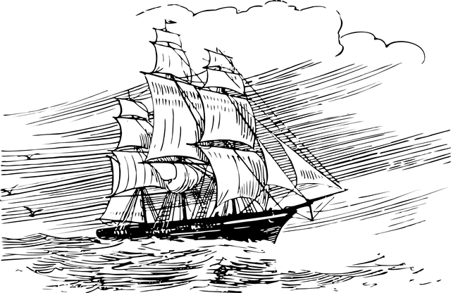 Black stencil drawing with a transparent background of a clipper ship sailing in rough ocean waters on a partially cloudy windy day with birds flying over the water