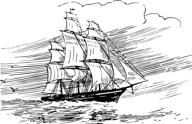 Black stencil drawing with a transparent background of a clipper ship sailing in rough ocean waters on a partially cloudy windy day with birds flying over the water